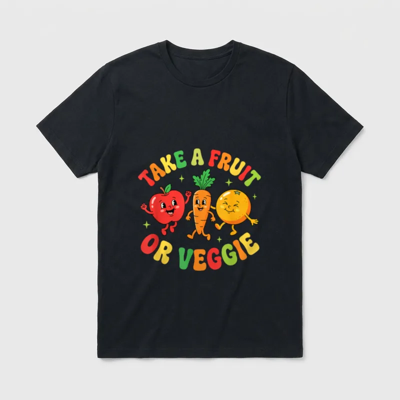 Take a Fruit T-Shirt – Retro cartoon apple, carrot, and orange marching under colorful text – Classic T-Shirt in Black