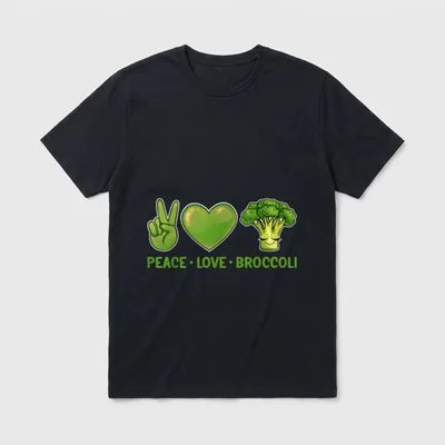 Peace Love and Broccoli T-Shirt – Smiling broccoli next to a green peace sign and heart with text – Classic T-Shirt in Black
