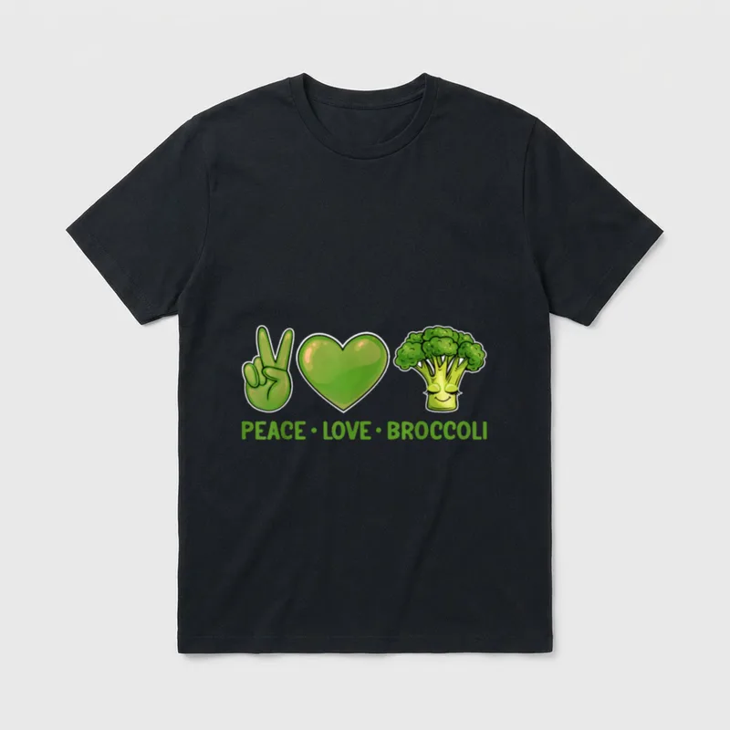 Peace Love and Broccoli T-Shirt – Smiling broccoli next to a green peace sign and heart with text – Classic T-Shirt in Black