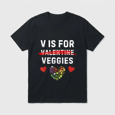 V is for Vegetables T-Shirt – V IS FOR VEGGIES text with vegetable heart and red cross-out – Classic T-Shirt in Black