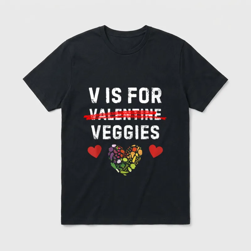 V is for Vegetables T-Shirt – V IS FOR VEGGIES text with vegetable heart and red cross-out – Classic T-Shirt in Black