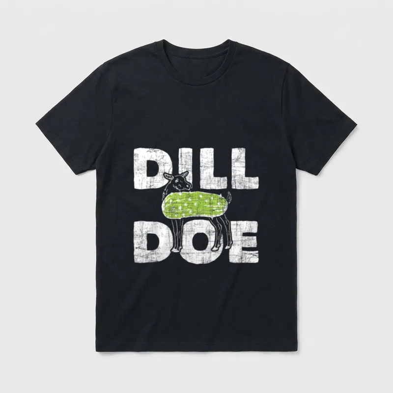 Dill Doe Pickle Cucumbler T-Shirt – A deer holding a green pickle between the words DILL DOE – Classic T-Shirt in Black