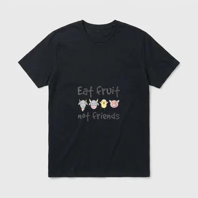 Comical Eat Fruit T-Shirt – Eat fruit not friends text with cow, bull, chick, and pig icons – Classic T-Shirt in Black