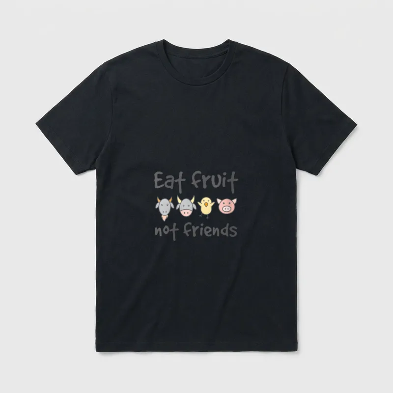 Comical Eat Fruit T-Shirt – Eat fruit not friends text with cow, bull, chick, and pig icons – Classic T-Shirt in Black