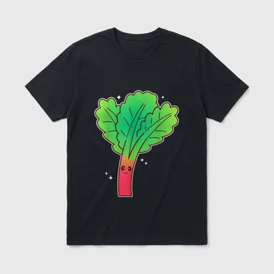 Kawaii Rhubarb Lover Vegan T-Shirt – Cute smiling rhubarb stalk with green leaves and sparkles – Classic T-Shirt in Black