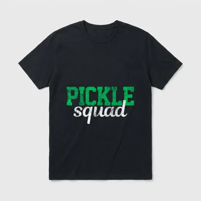Pickle Squad Vegetables T-Shirt – Green and white text reading PICKLE squad on a grey background – Classic T-Shirt in Black