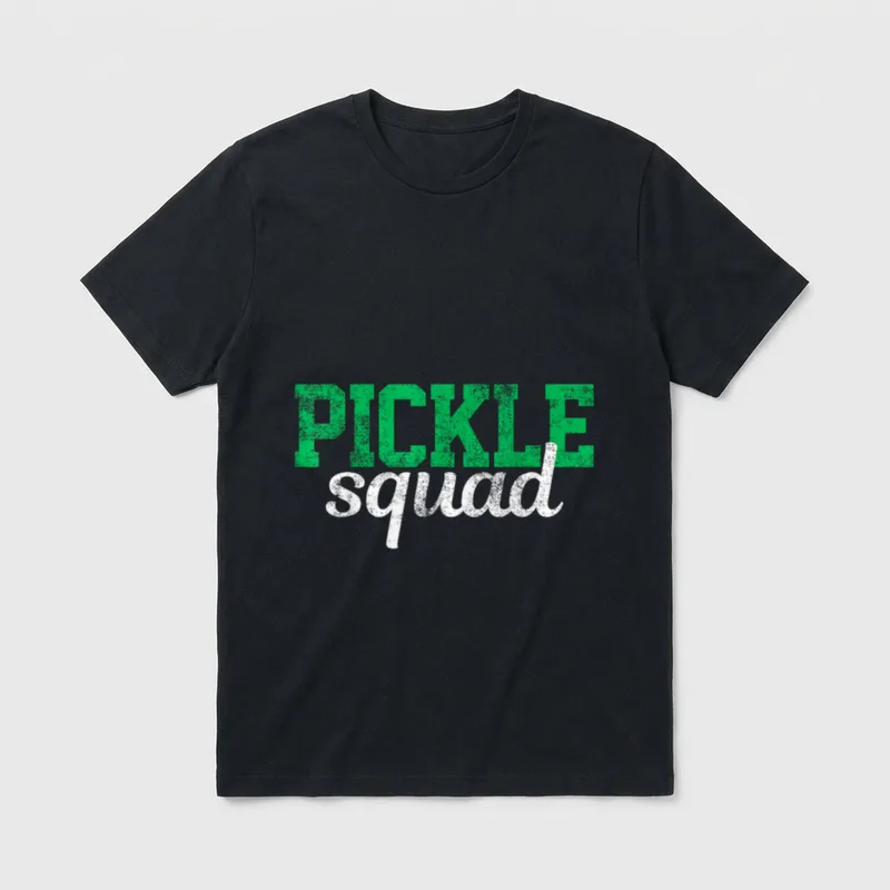 Pickle Squad Vegetables T-Shirt – Green and white text reading PICKLE squad on a grey background – Classic T-Shirt in Black