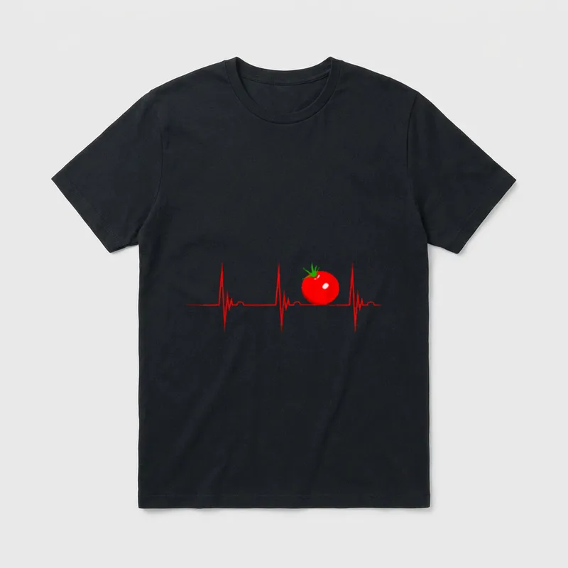 Tomato Heartbeat EKG Pulseline T-Shirt – Red tomato sitting on a red EKG heartbeat line – Classic T-Shirt in Black