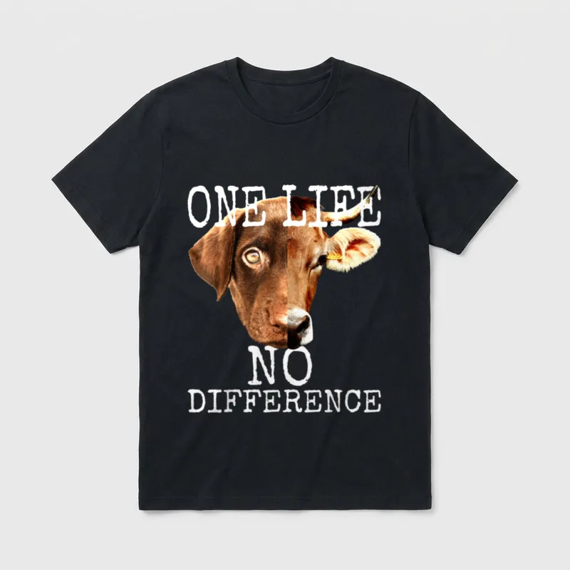 One Life No Difference T-Shirt – Split face of a dog and cow with text ONE LIFE NO DIFFERENCE – Classic T-Shirt in Black