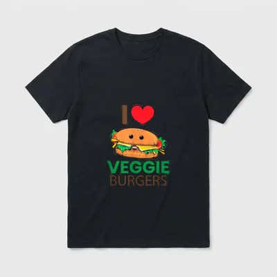 I Love Veggie Burger T-Shirt – Smiling cartoon veggie burger with red heart and green text – Classic T-Shirt in Black