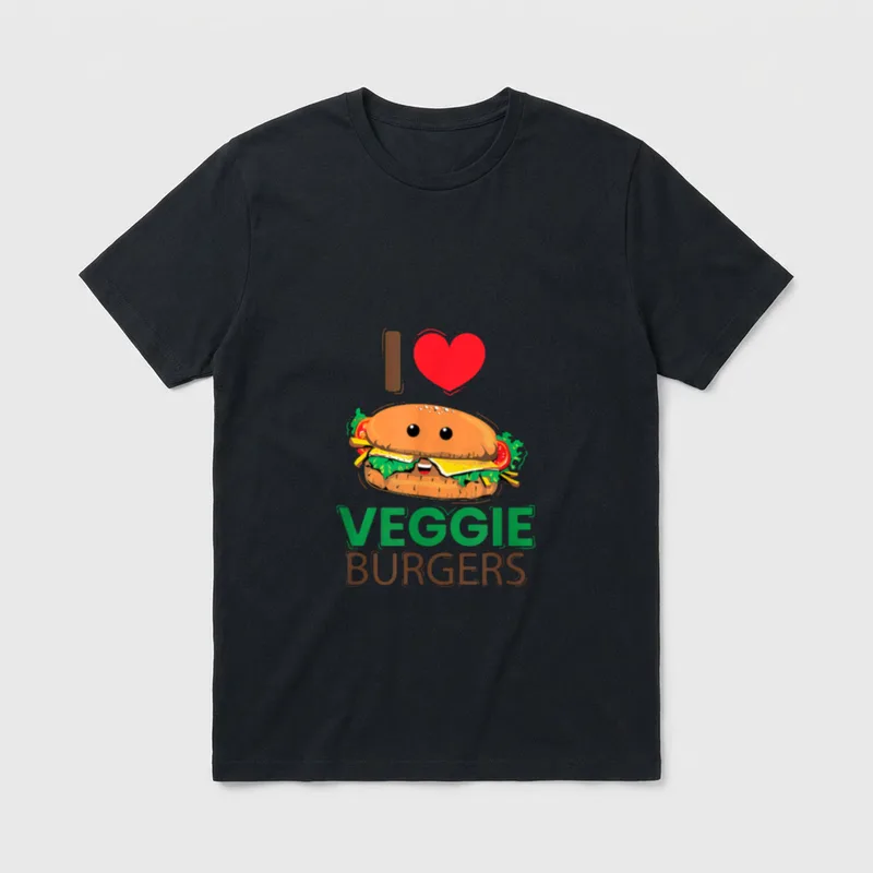 I Love Veggie Burger T-Shirt – Smiling cartoon veggie burger with red heart and green text – Classic T-Shirt in Black