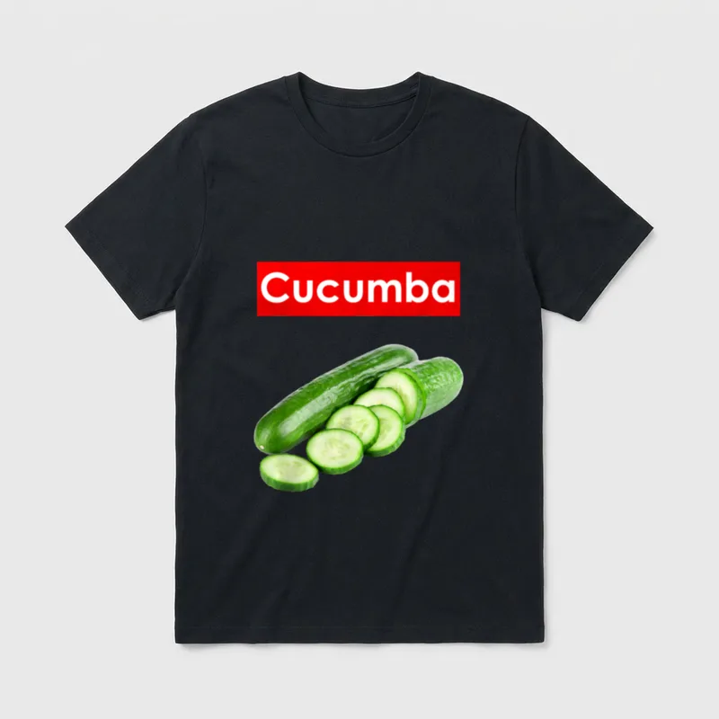 Pickle Jamaica Vegan Big T-Shirt – Cucumba text over sliced green cucumbers on grey background – Classic T-Shirt in Black