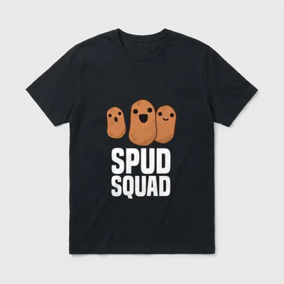 Spud Squad Funny Potato T-Shirt – Three cartoon potatoes with faces above bold SPUD SQUAD text – Classic T-Shirt in Black