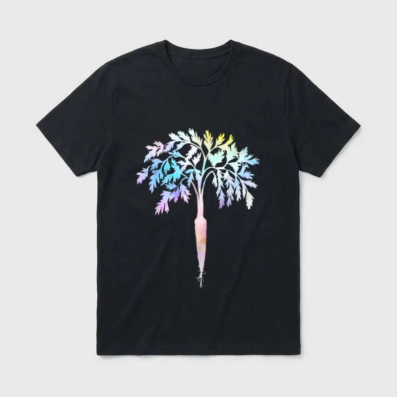 Herbivore Carrot for Vegans T-Shirt – Pastel watercolor rainbow carrot with leafy green tops – Classic T-Shirt in Black