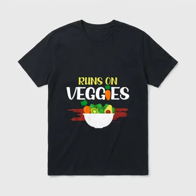 Funny Vegan Runs T-Shirt – Runs On Veggies text with carrot and salad bowl graphic – Classic T-Shirt in Black