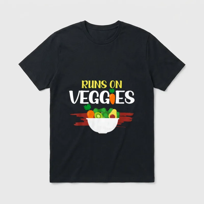 Funny Vegan Runs T-Shirt – Runs On Veggies text with carrot and salad bowl graphic – Classic T-Shirt in Black