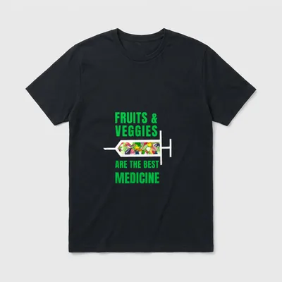 Fruits Veggies T-Shirt – Syringe filled with fruits and veggies next to green text about medicine – Classic T-Shirt in Black