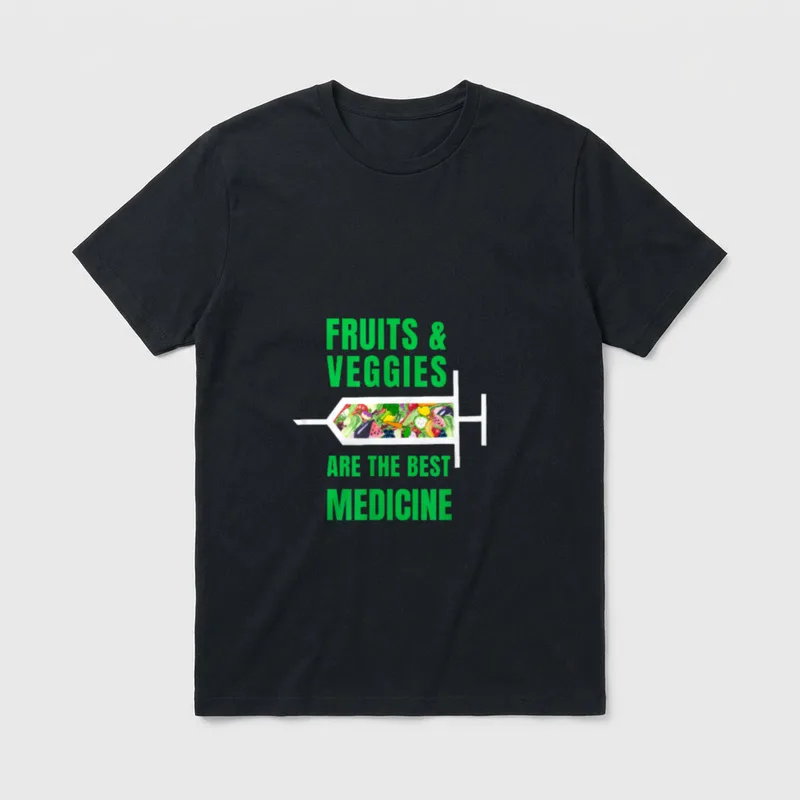 Fruits Veggies T-Shirt – Syringe filled with fruits and veggies next to green text about medicine – Classic T-Shirt in Black