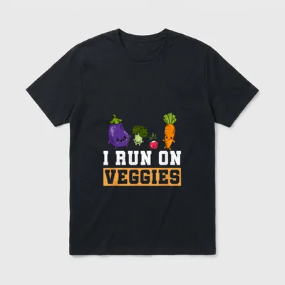I Run T-Shirt – I Run On Veggies text with cute eggplant, broccoli, radish, and carrot characters – Classic T-Shirt in Black