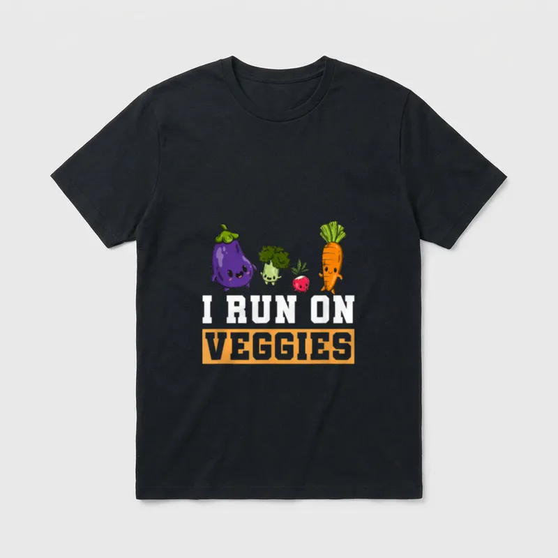 I Run T-Shirt – I Run On Veggies text with cute eggplant, broccoli, radish, and carrot characters – Classic T-Shirt in Black
