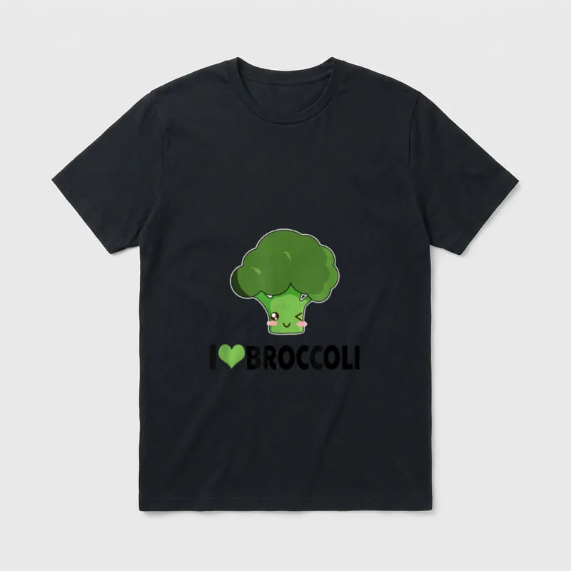 Funny Vegan I Love T-Shirt – Cute winking broccoli character above text reading I love broccoli – Classic T-Shirt in Black