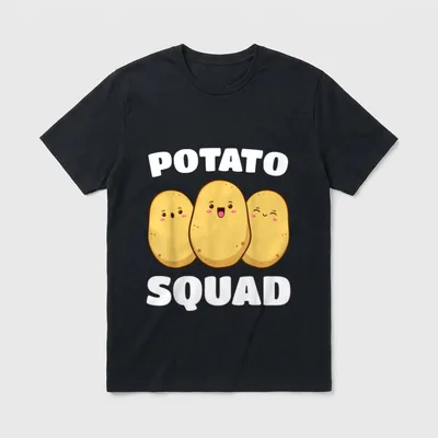 Potato Squad Spud Vegan T-Shirt – Three smiling cartoon potatoes with POTATO SQUAD text – Classic T-Shirt in Black