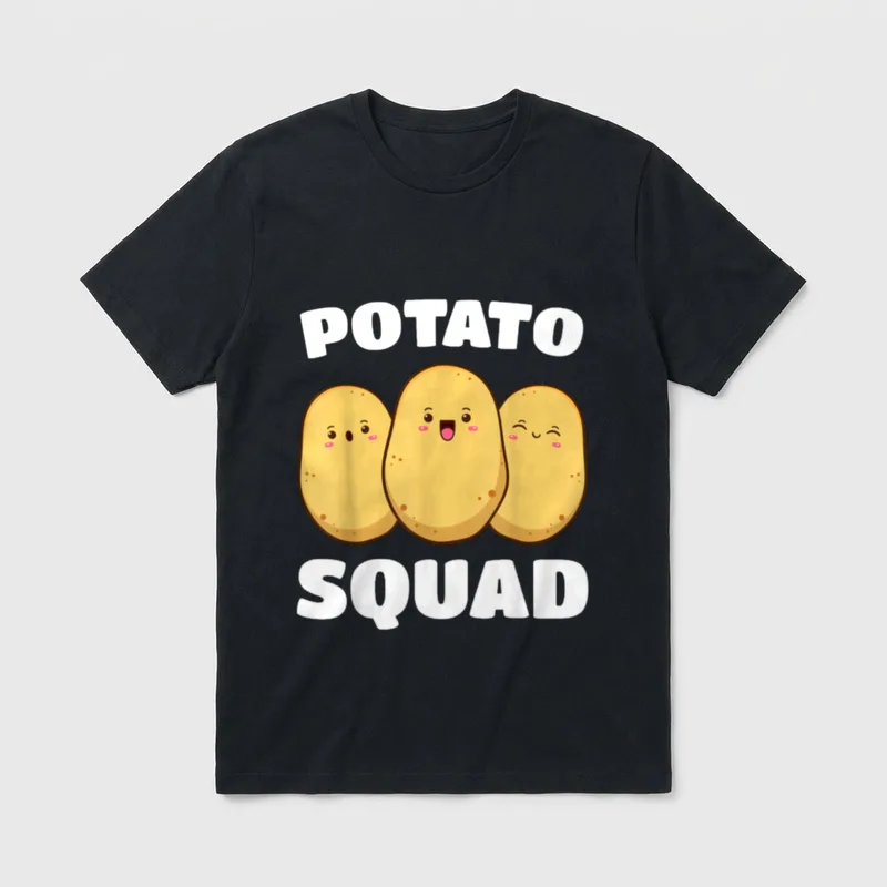 Potato Squad Spud Vegan T-Shirt – Three smiling cartoon potatoes with POTATO SQUAD text – Classic T-Shirt in Black
