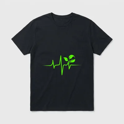 Whole Food Plant Based T-Shirt – Green heartbeat line with sprouting plant at the peak – Classic T-Shirt in Black