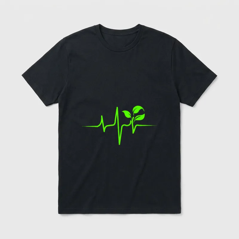 Whole Food Plant Based T-Shirt – Green heartbeat line with sprouting plant at the peak – Classic T-Shirt in Black