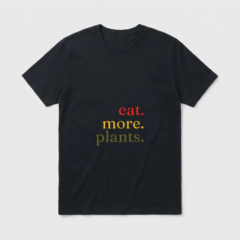 Eat More Plants WFPB T-Shirt – eat. more. plants. in red, gold, and olive green – Classic T-Shirt in Black