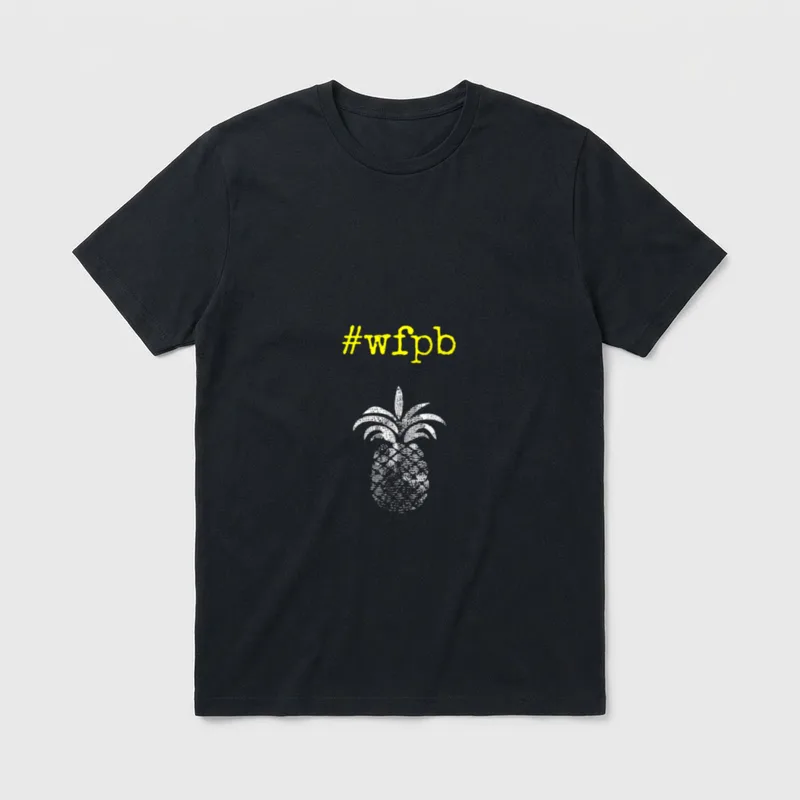 wfpb Whole Food Plant-Based T-Shirt – Yellow #wfpb hashtag above a white line-art pineapple – Classic T-Shirt in Black