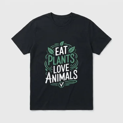 Eat Plants Love Animals T-Shirt – Eat Plants Love Animals text with green leaves and a V symbol – Classic T-Shirt in Black