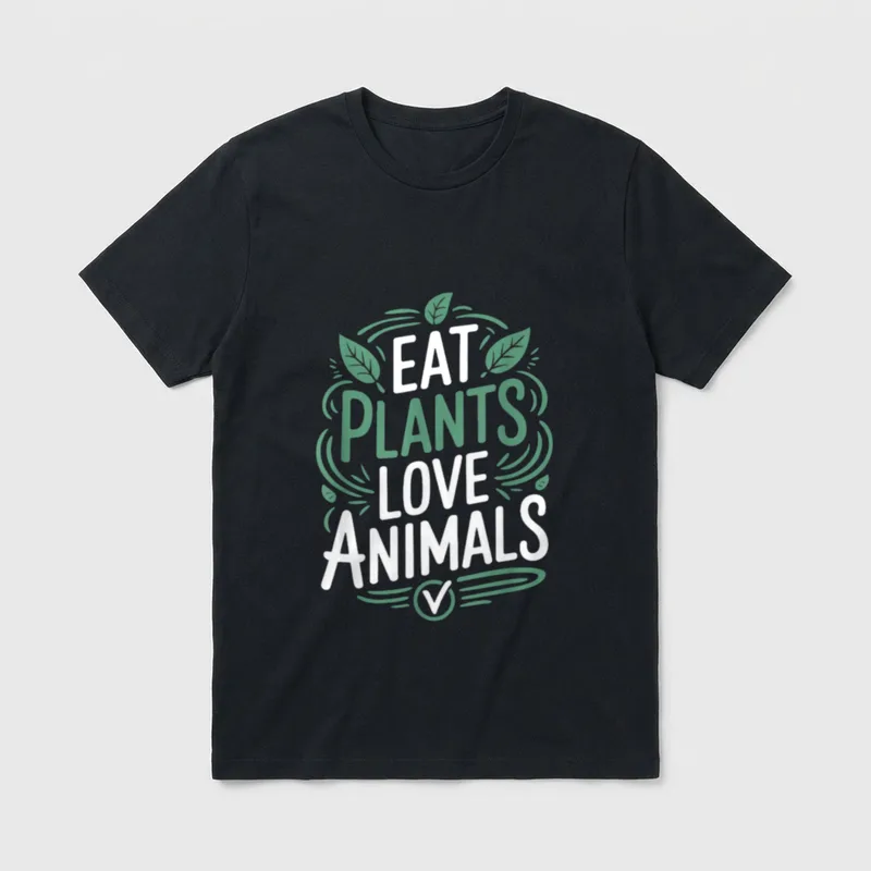 Eat Plants Love Animals T-Shirt – Eat Plants Love Animals text with green leaves and a V symbol – Classic T-Shirt in Black