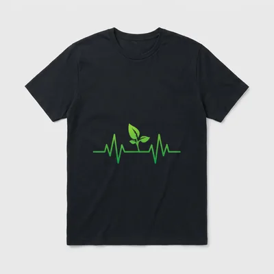 Whole Food Plant Based Vegan T-Shirt – Green EKG line with a sprouting plant in the center – Classic T-Shirt in Black