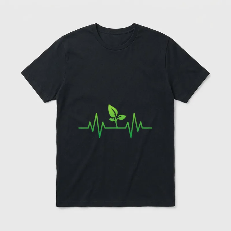 Whole Food Plant Based Vegan T-Shirt – Green EKG line with a sprouting plant in the center – Classic T-Shirt in Black