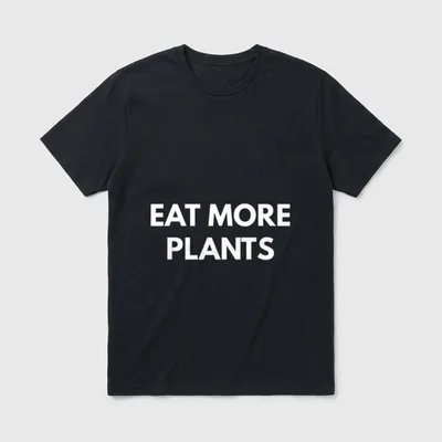 Eat More Plants Vegetarian T-Shirt – Bold white text reading EAT MORE PLANTS on a grey background – Classic T-Shirt in Black