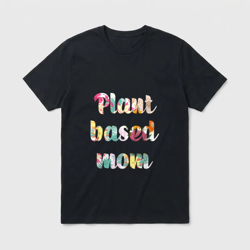 WFPB Whole Foods Plant T-Shirt – Floral script text reading Plant based mom on grey background – Classic T-Shirt in Black