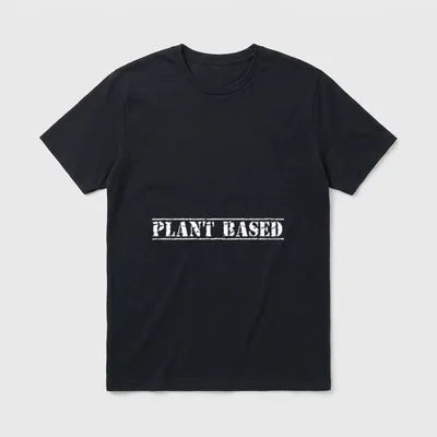 PLANT BASED Grunge Design T-Shirt – White grunge text reading PLANT BASED on a grey background – Classic T-Shirt in Black