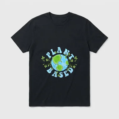 Plant Based Diet T-Shirt – Retro globe illustration with vines and PLANT BASED text – Classic T-Shirt in Black