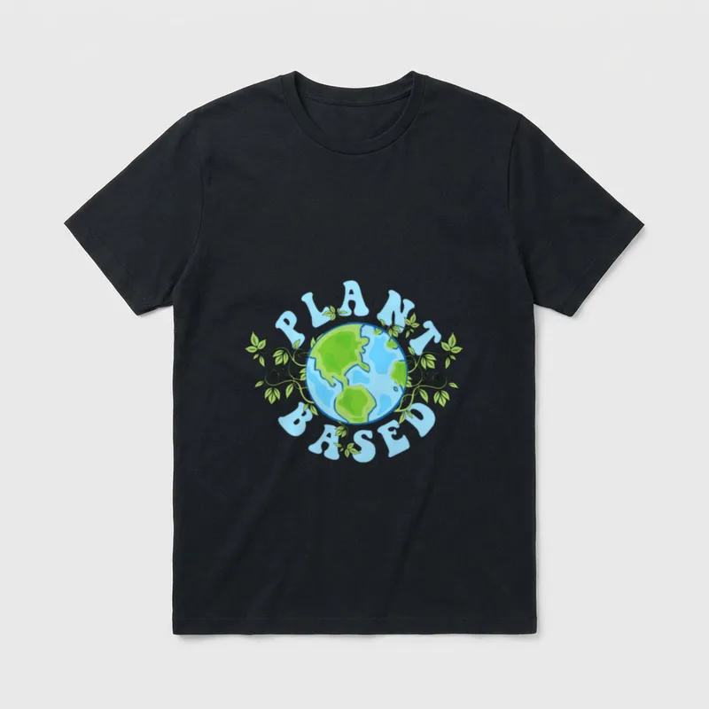 Plant Based Diet T-Shirt – Retro globe illustration with vines and PLANT BASED text – Classic T-Shirt in Black