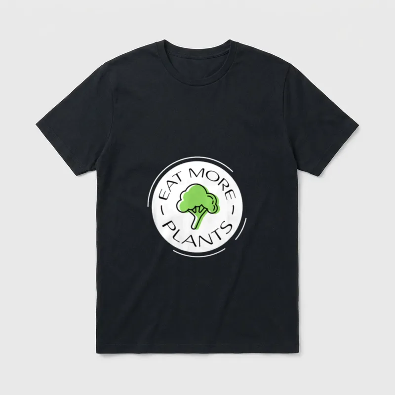 Plant Based Lifestyle Diet T-Shirt – Circular badge with green broccoli and text Eat More Plants – Classic T-Shirt in Black