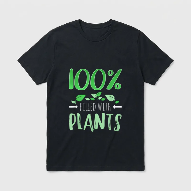 filled with plants T-Shirt – 100% FILLED WITH PLANTS text with green leaves and arrows – Classic T-Shirt in Black